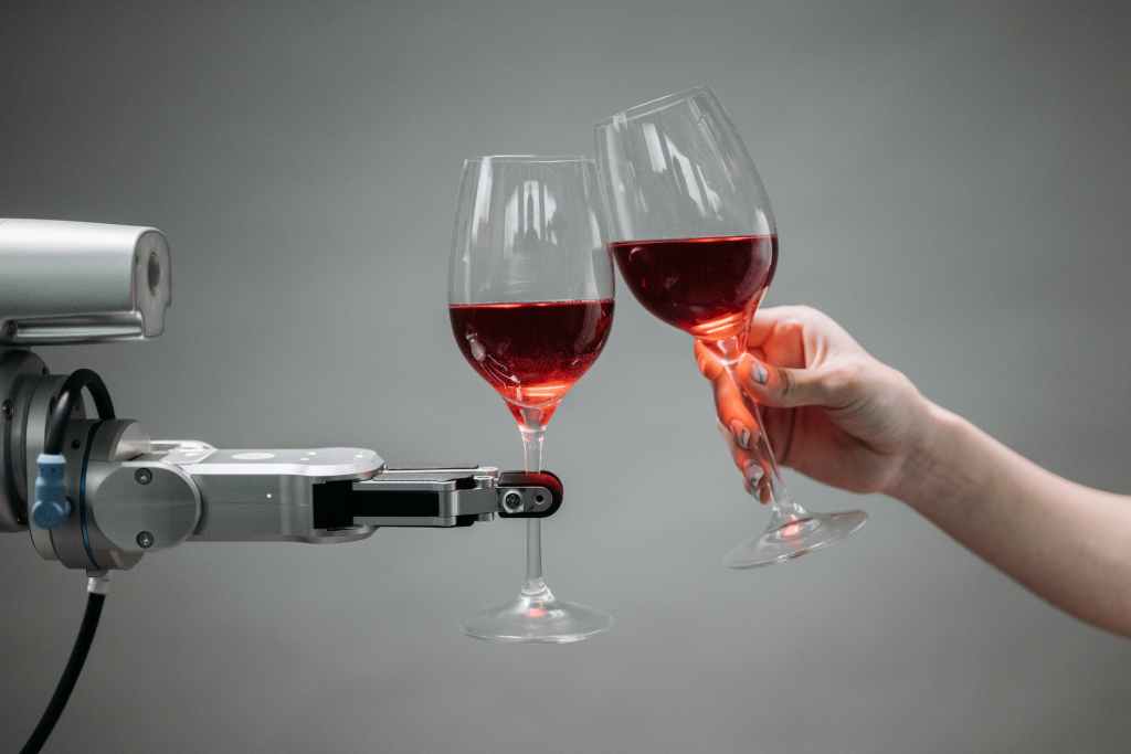 Robot and human arms clinking wine glasses.